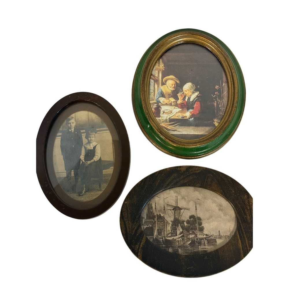 Vintage Made in Italy Oval Framed Art Set Tavern Windmill Sepia Portrait 3pc